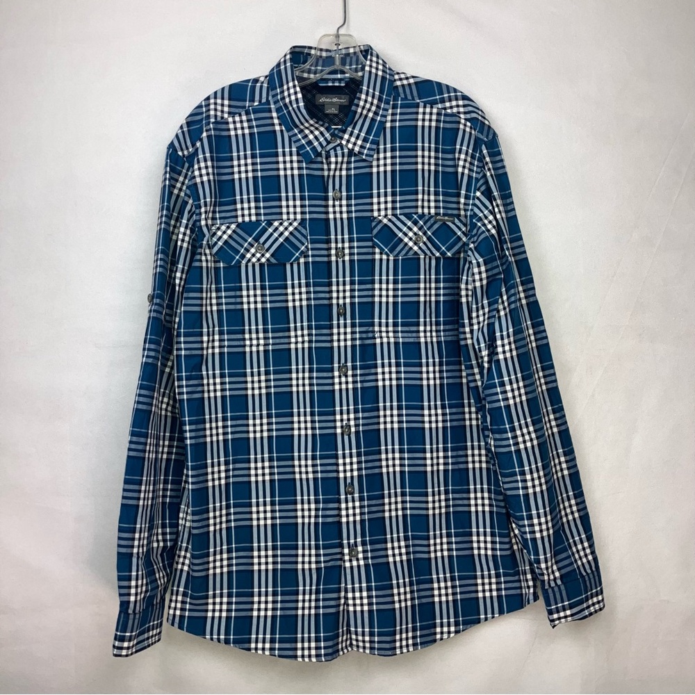 Eddie Bauer Men's Size Tall Large Casual Blue White Plaid Men's Button Up Shirt